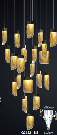 Q36221-BG QUOR VIVA Lampara colgante 21LED integrado 84w 3000k Luz cálida acabado oro cepillado BG y cristal ámbar