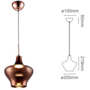 Q41885-CP QUOR VIENA Lampara colgante de cristal LED integrado 5w 3000k Luz cálida acabado cobre CP