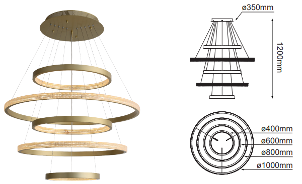Q48175-GD QUOR OLYMPIA Lampara colgante LED integrado 160w 3000k Luz cálida acabado oro GD y acrílico difusor