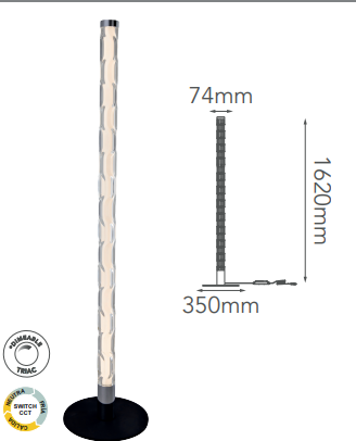 Q50820-CH QUOR PRAGA Luminario de piso LED integrado atenuable 3000k, 4000k, 6000k 50w acabado cromo CH y cristal difusor