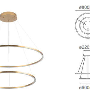 Q90068-BG  QUOR NEO Lampara colgante tipo Aro LED integrado atenuable 3000k, 4000k, 6000k 69w acabado acabado oro cepillado BG y acrílico difusor