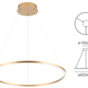 Q90600-BG QUOR NEO Lampara colgante tipo Aro LED integrado atenuable 3000k, 4000k, 6000k 31w acabado acabado oro cepillando y acrílico difusor