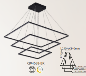 Q94688-BK  QUOR NEO Lampara colgante LED integrado atenuable 3000k, 4000k, 6000k 106w acabado acabado negro BK y acrílico difusor