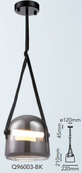 Q96003-BK QUOR PALERMO Lampara colgante LED integrado 12w 3000k Luz cálida acabado negro BK y cristal humo